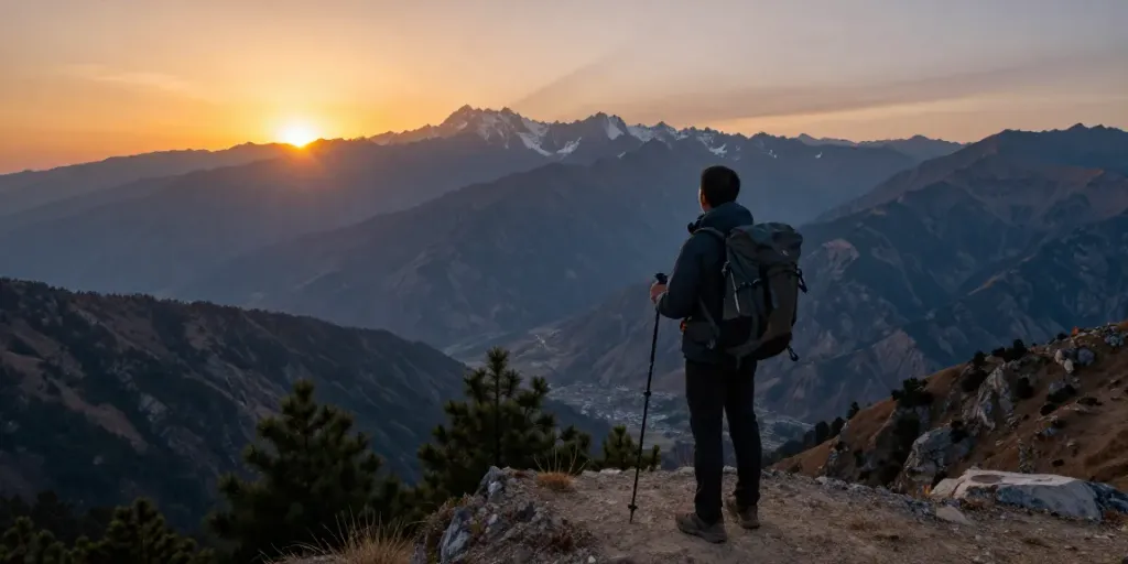 Un viajero mirando el atardecer desde un mirador de montaña, disfrutando del trek al Circuito Manaslu y su impresionante paisaje de picos.