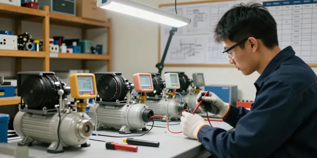 Technician testing an air compressor pressure switch in an industrial workshop