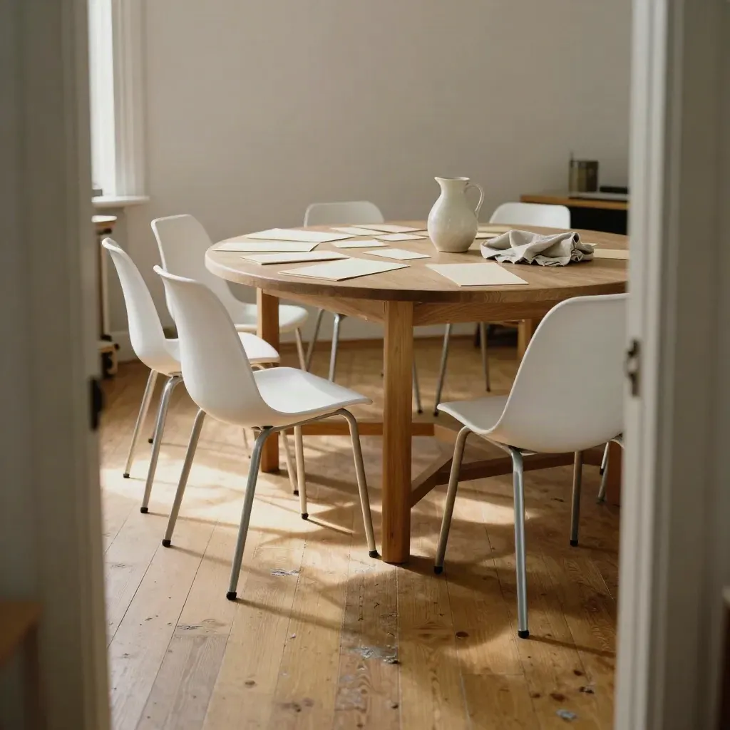White chairs around a low table in a sunlit workshop room with timber floors
