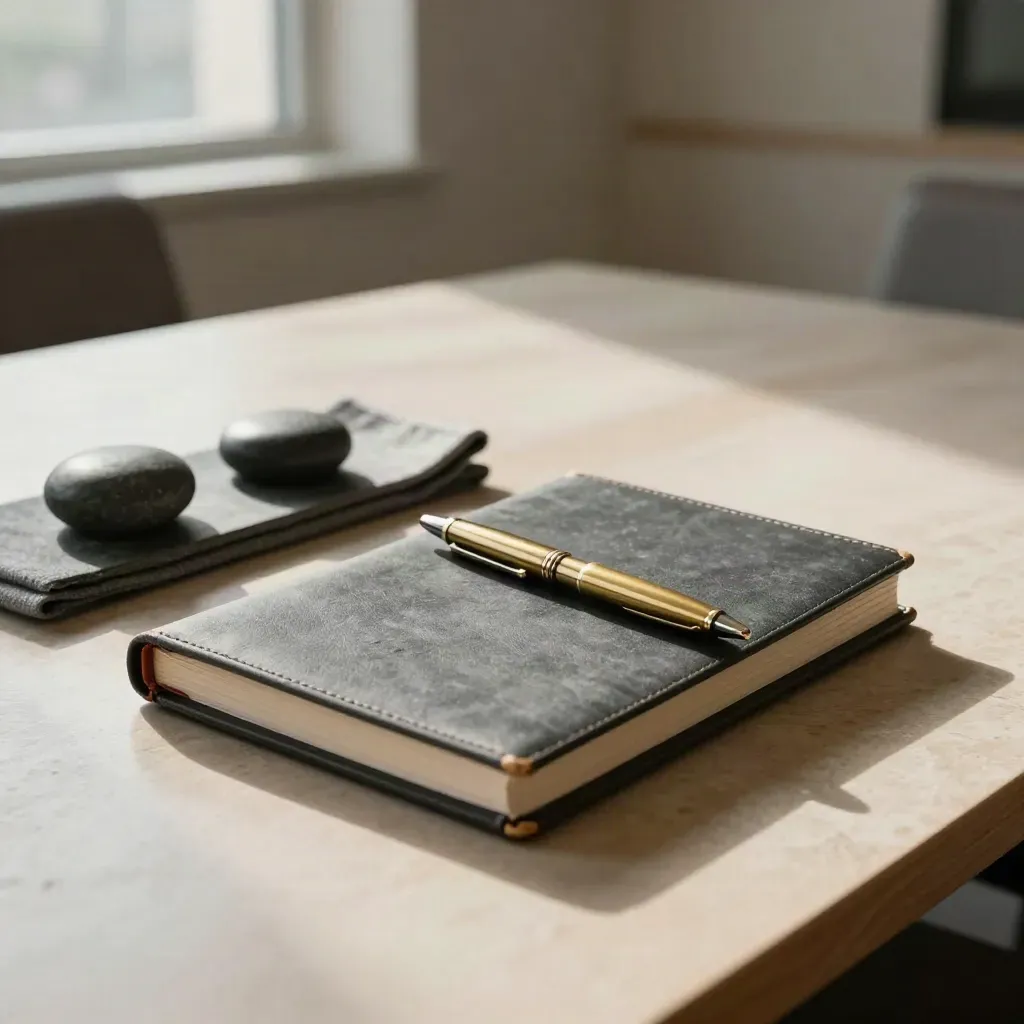 Closed ledger, brass pen, stone weights and folded wool cloth on a pale meeting table in window light.