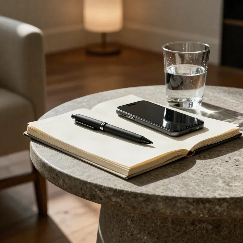 Notebook, pen, phone and water glass on a stone side table in a warm consulting corner.