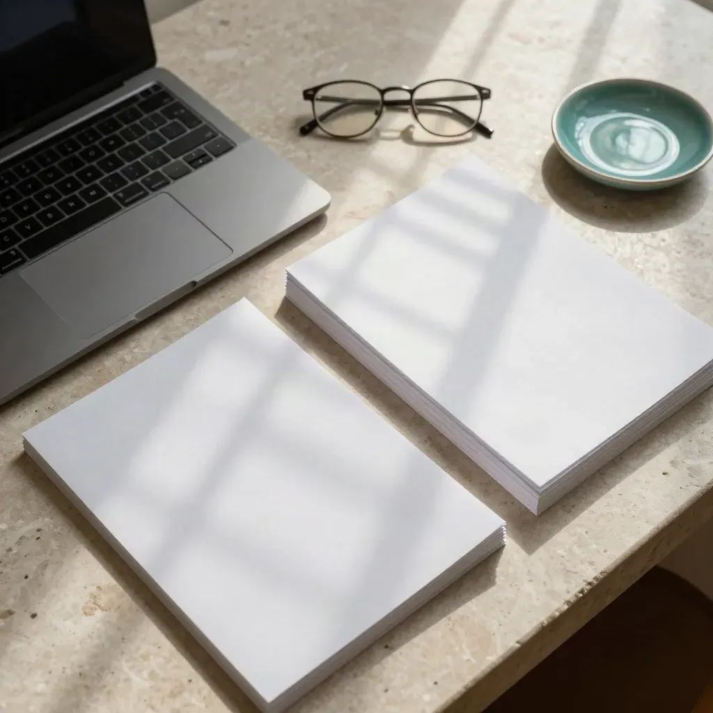 Top-down project papers, closed laptop, glasses and teal ceramic dish on a pale desk.
