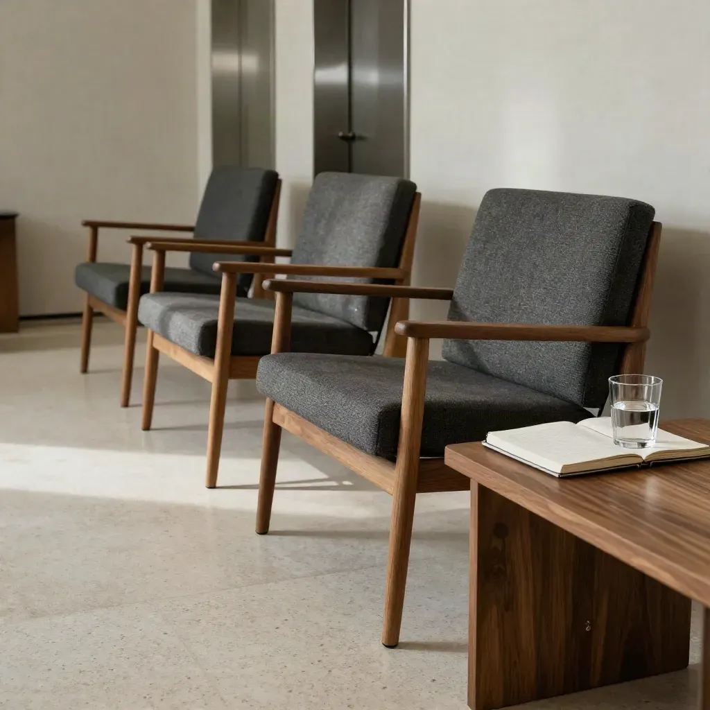 Three empty chairs beside a sideboard and water glass in a quiet travertine consulting room