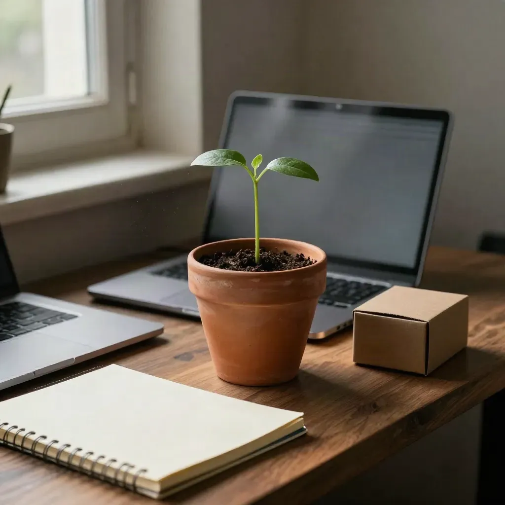 Startup planning table with a seedling, closed laptop, notebook, and prototype box by a window.