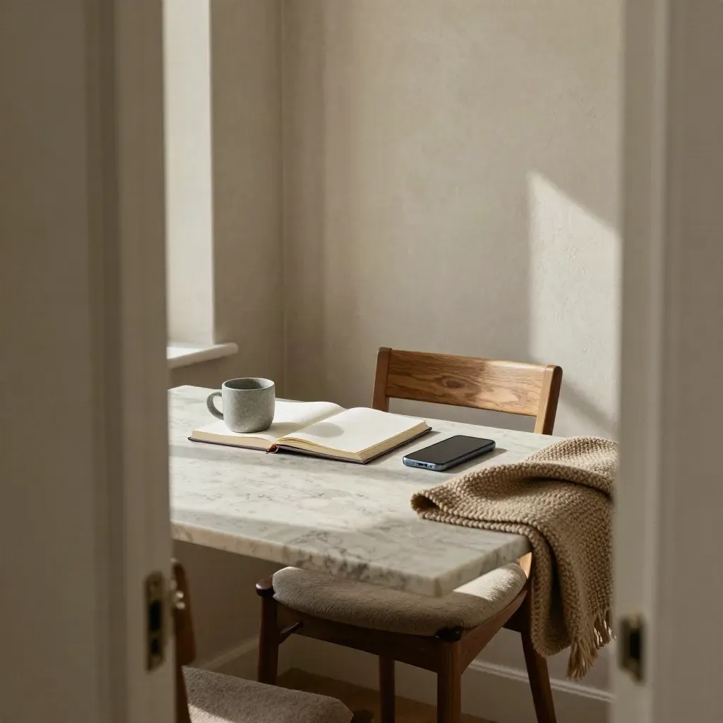 Quiet one-to-one strategy table by a plaster wall with notebook, stone mug and empty chair.