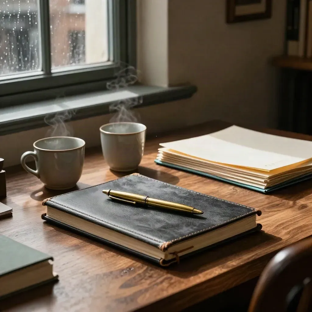 Closed ledger, brass pen, two cups and folders on a walnut review table in soft rainlight.