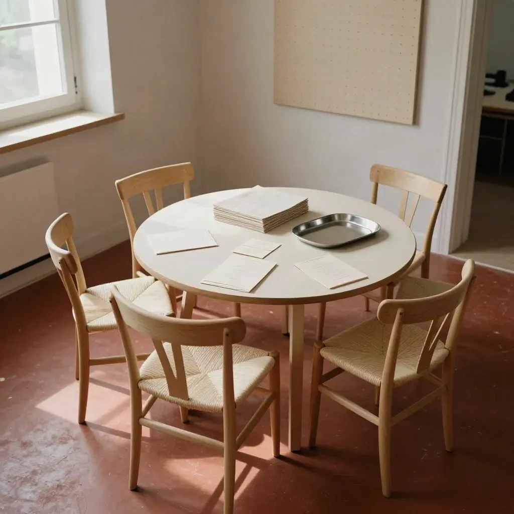 Overhead view of a workshop setup with chairs, cards, a pinboard, and terracotta floor.