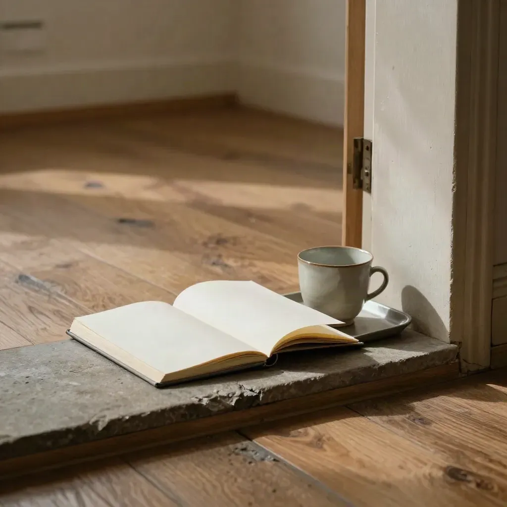 Notebook, ceramic cup and tray waiting by a doorway in cool light.