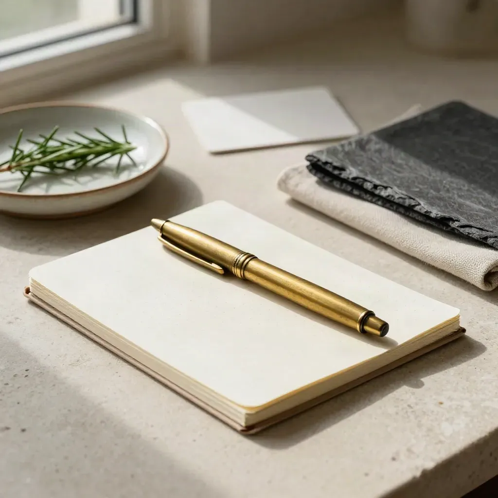 Brass pen, closed notebook, ceramic dish and rosemary on a pale stone desk.