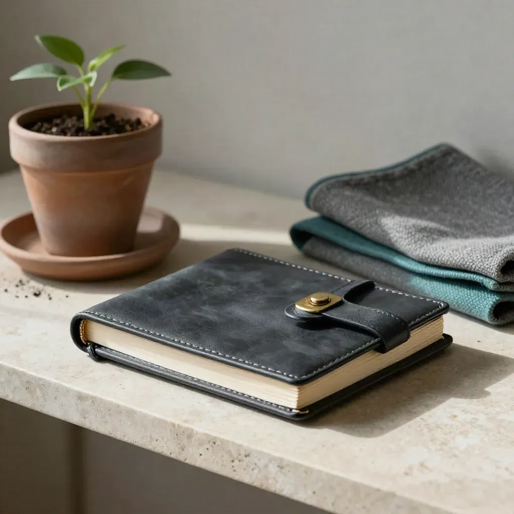Pocket ledger, seedling in clay pot and folded wool cloth on a pale shelf in soft daylight.
