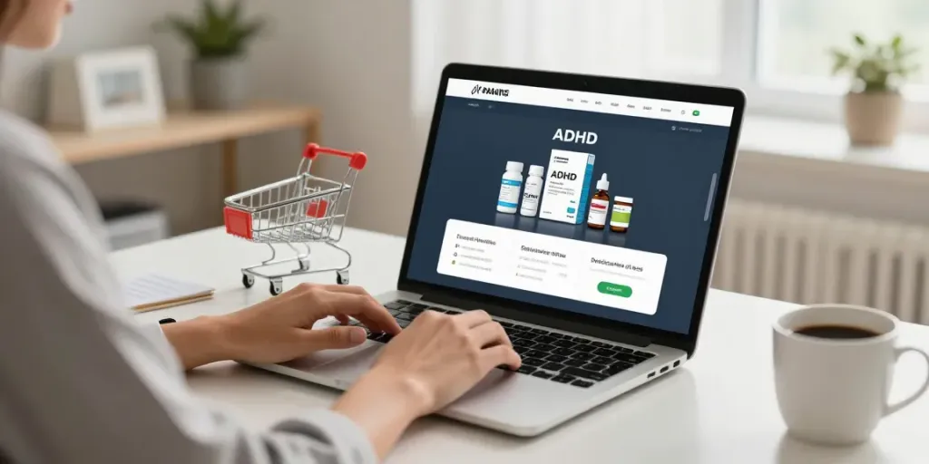 Online shopping for ADHD medication, buy concerta online, featuring product selection and a cozy workspace.