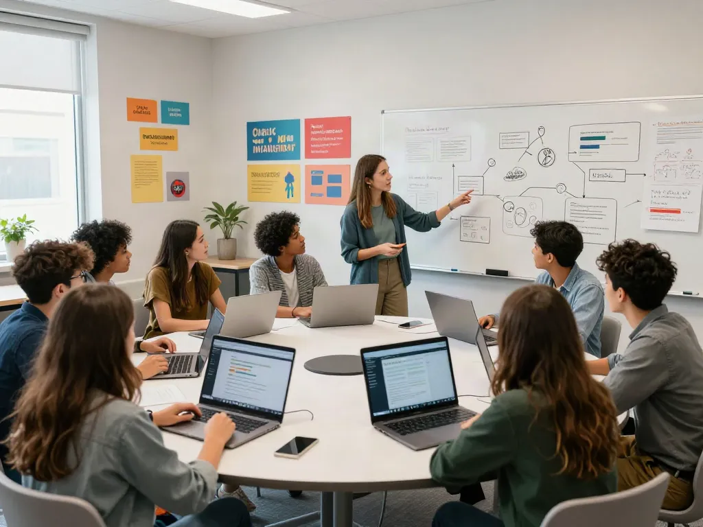 Students collaborating on a project in an educational setting, showcasing modern learning dynamics and diverse interaction.