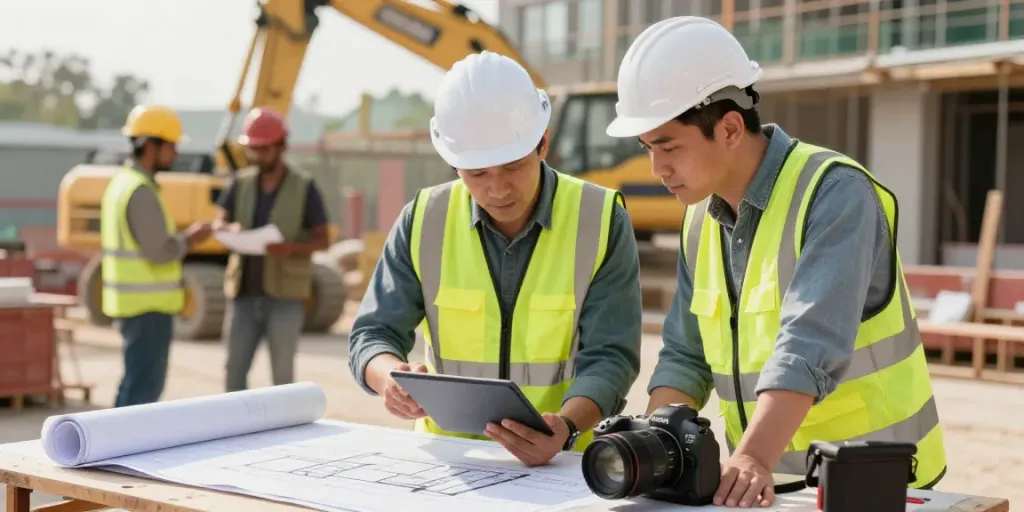 Quantity surveyor and project manager collaborating on construction commercial management plans at a busy site.